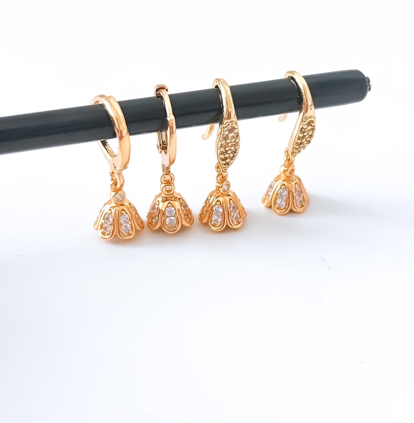925 Sterling Silver flower drop Earrings/Micro Jhumka Hoops Gold Bali Plated Jhumkas/ High quality Hoop drop earrings/Baby size earrings .