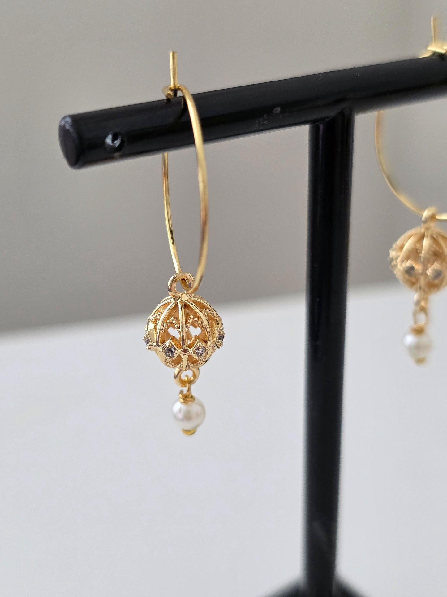 Gold Carved Bead Hoops/ Gold Bali Plated gold drop hoops/ 18 Karat imitation gold earrings Jhumkas Punjabi earrings Dainty hoop earringsl