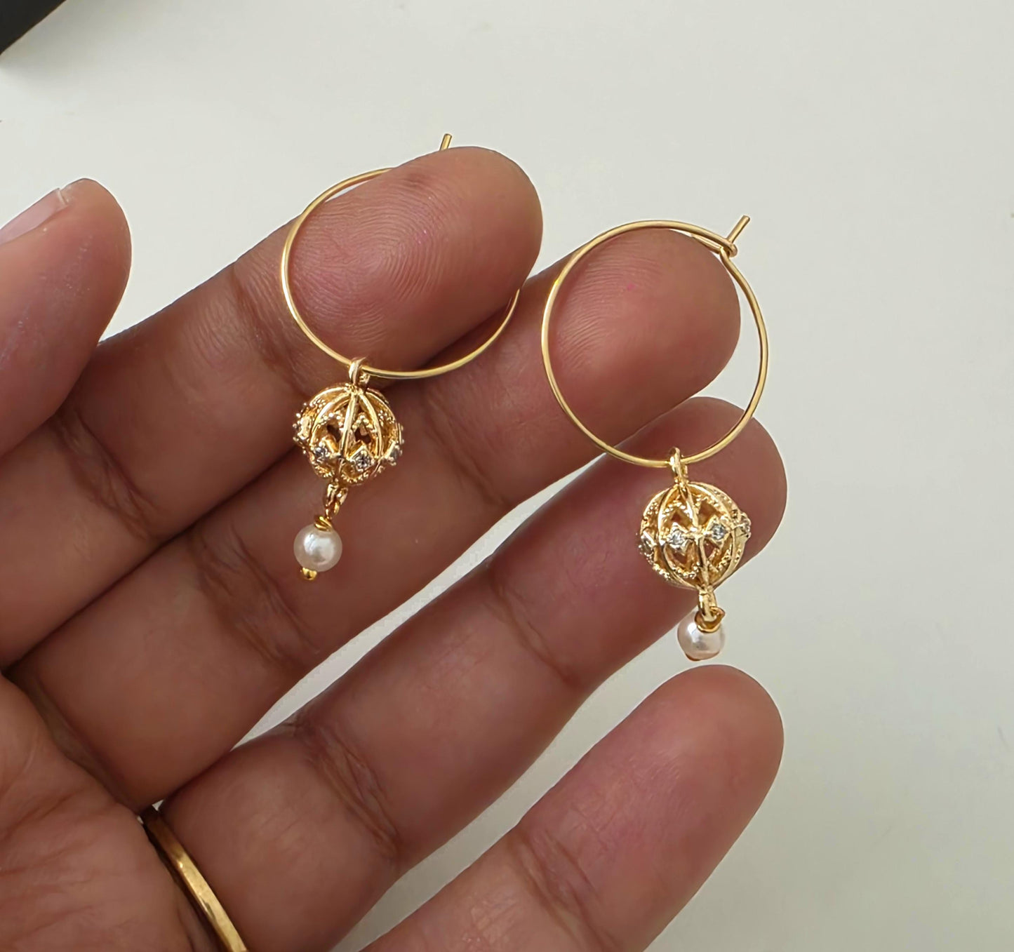 Gold Carved Bead Hoops/ Gold Bali Plated gold drop hoops/ 18 Karat imitation gold earrings Jhumkas Punjabi earrings Dainty hoop earringsl