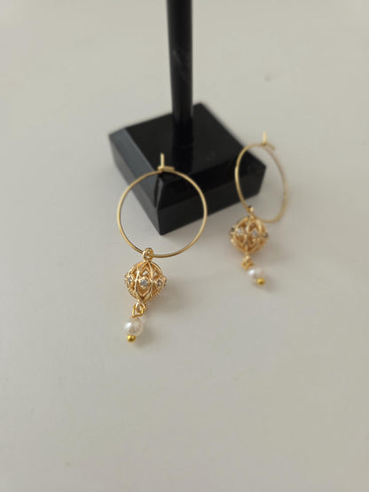 Gold Carved Bead  Hoops/ Gold Bali Plated gold drop hoops/ 18 Karat imitation gold earrings Jhumkas Punjabi earrings Dainty hoop earringsl