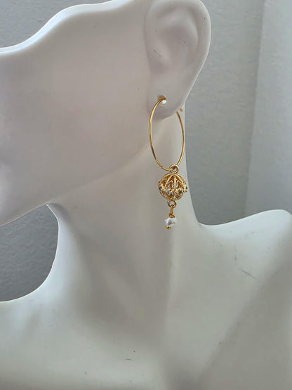 Gold Carved Bead  Hoops/ Gold Bali Plated gold drop hoops/ 18 Karat imitation gold earrings Jhumkas Punjabi earrings Dainty hoop earringsl