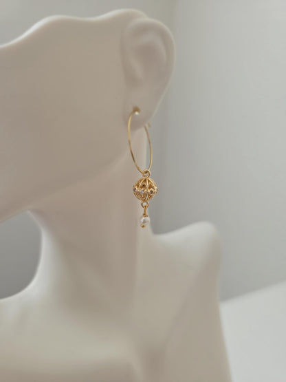 Gold Carved Bead  Hoops/ Gold Bali Plated gold drop hoops/ 18 Karat imitation gold earrings Jhumkas Punjabi earrings Dainty hoop earringsl